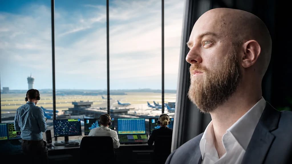 Air traffic controllers at their consoles in a control tower overlooking an airport apron, with a man in the foreground gazing out of the window
