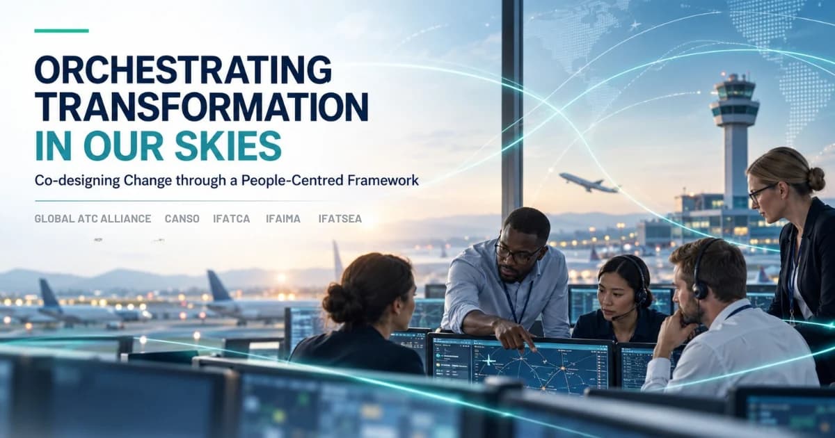 Orchestrating Transformation in Our Skies: air traffic controllers working together at a bank of screens in a tower overlooking an airport at dusk